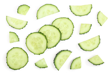 Cucumber slices isolated on white background. Top view. Flat lay pattern