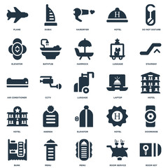 Elements Such As Room key, service, Menu, Bunk, Stairway, Laptop, Elevator, Hotel, Hairdryer, Dubai icon vector illustration on white background. Universal 25 icons set.