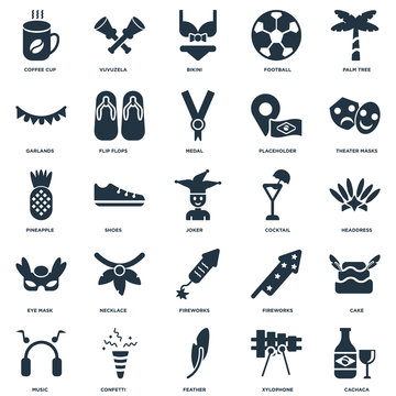 Elements Such As Cachaca, Headdress, Theater masks, Vuvuzela, Music, Flip flops, Fireworks, Pineapple icon vector illustration on white background. Universal 25 icons set.