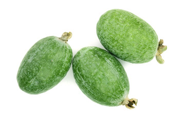 Tropical fruit feijoa Acca sellowiana isolated on white background. Top view. Flat lay pattern