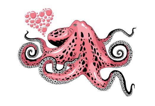 Cartoon pink octopus love clip-art isolated on white background illustration