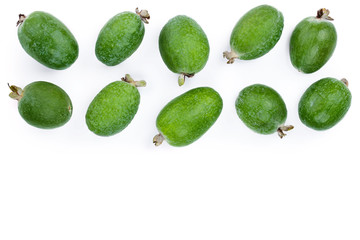 Tropical fruit feijoa Acca sellowiana isolated on white background with copy space for your text. Top view. Flat lay pattern