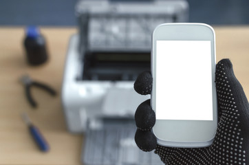 Blank screen mobile phone, printer and laser cartridge. Printer repair service center. Laser cartridge toner refill concept.