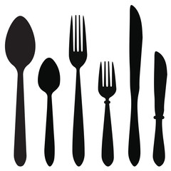 Set of the contours of the cutlery. Ready to use elements. Spoon, knife, forks. Vector illustration. Isolated on white background.