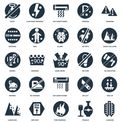 Elements Such As Luggage, No shouting, Road Collapse, Lightning Warning, Landslide, Man, cut, Drinks icon vector illustration on white background. Universal 25 icons set.