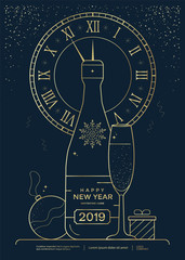 New Year greeting card design with stylized bottle of champagne, wineglass and clock. Christmas golden line illustration
