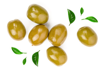 Green olives isolated on a white background. Top view. Flat lay