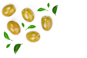 Green olives isolated on a white background with copy space for your text. Top view. Flat lay