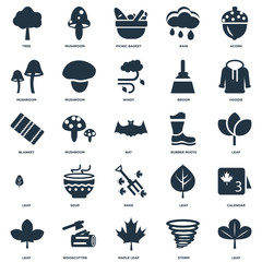 Elements Such As Leaf, Storm, Maple leaf, Woodcutter, Hoodie, Rubber Roots, Rake, Mushroom, Picnic basket, Mushroom icon vector illustration on white background. Universal 25 icons set.