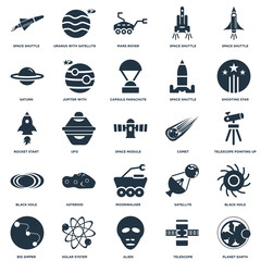 Elements Such As Space shuttle, Telescope, Shooting Star, Solar system, Big dipper, Black Hole, Ufo icon vector illustration on white background. Universal 25 icons set.