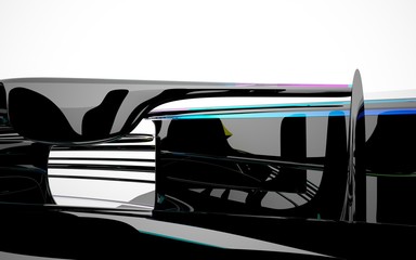 Abstract dynamic interior with black smooth objects and colored gradient glass lines . 3D illustration and rendering