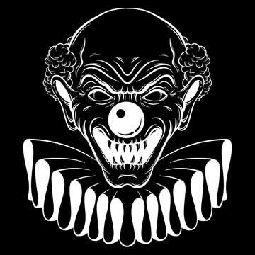Vector hand drawn  illustration of angry clown. Tattoo artwork in realistic line style. Portrait of ugly clown.  Template for card, poster, banner, print for t-shirt.