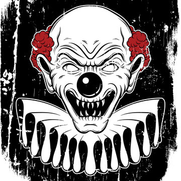 Vector hand drawn  illustration of angry clown. Tattoo artwork in realistic line style. Portrait of ugly clown.  Template for card, poster, banner, print for t-shirt.