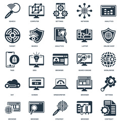 Elements Such As Contract, Worldwide, Online shop, Computer, Browser, Search, Tags icon vector illustration on white background. Universal 25 icons set.