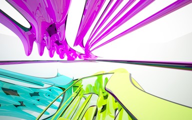 Abstract dynamic interior with gradient colored objects. 3D illustration and rendering