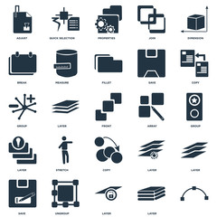 Elements Such As, Layer, Ungroup, Save, Copy, Array, Break, Properties, Quick selection icon vector illustration on white background. Universal 25 icons set.