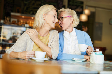 Two friendly blonde women gossipping by cup of tea while relaxing in cafe