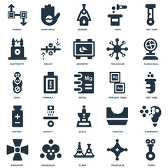 Elements Such As Flask, Test tube, Plasma ball, Hand wash, Radiation, Circuit, Concave, Toxic icon vector illustration on white background. Universal 25 icons set.