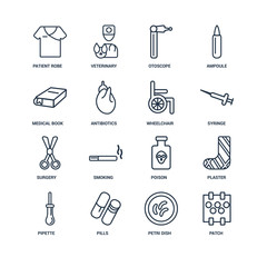 Patch, Petri dish, Pills, Pipette, Plaster, Patient robe, Medica