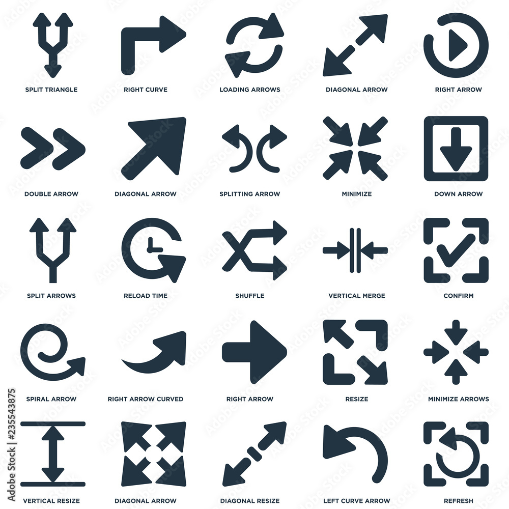 Poster elements such as refresh, confirm, down arrow, right curve, vertical resize, diagonal split arrows i