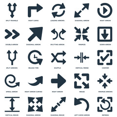 Elements Such As Refresh, Confirm, Down arrow, Right Curve, Vertical Resize, Diagonal Split Arrows icon vector illustration on white background. Universal 25 icons set.