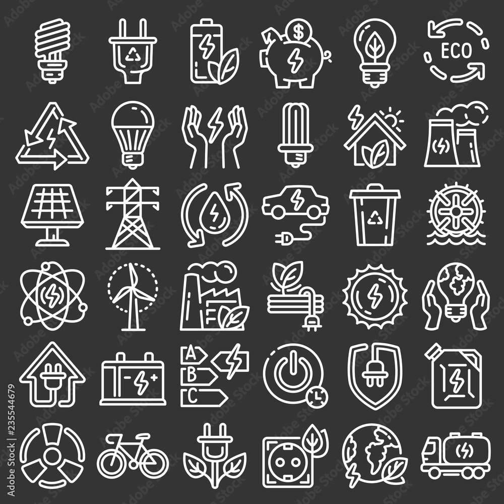 Poster energy saving icon set. outline set of energy saving vector icons for web design isolated on gray ba