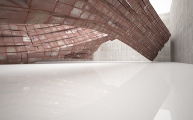 Obraz premium Empty abstract room interior of sheets rusted metal, brown concrete and white glossy floor. Architectural background. 3D illustration and rendering