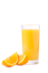 Glass of orange juice with oranges isolated on white