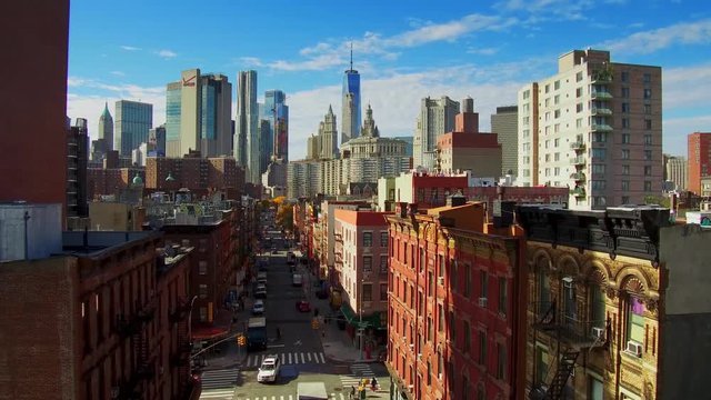 NEW YORK CITY, USA - OCT 30, 2018: Manhattan downtown Chinatown timelapse viewed from above with historical buildings