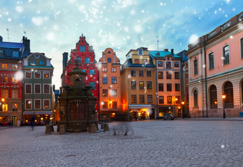 Gamla Stan ols square at night with snow, Stockholm, Sweden