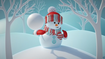 Naklejka premium 3d render, cute funny snowman wearing red hat and scarf, throwing snowball, standing in snowy forest, winter Christmas background, New Year greeting card, festive character