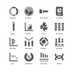 Shuffle, Profits, Pie chart, Bar chart icon 16 set EPS 10 vector