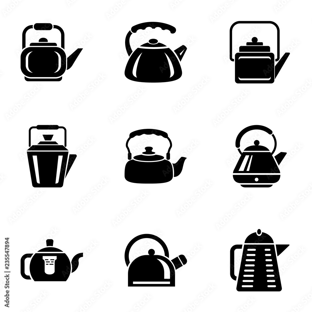 Poster cast iron kettle icons set. simple set of 9 cast iron kettle vector icons for web isolated on white 