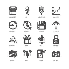 Battery, Umbrella, Diskette, Layers, Padlock, Calculator, Refres