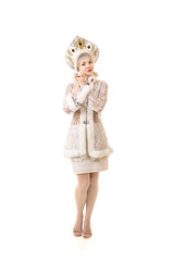 Beautiful, happy, emotional young woman dressed like Santa Claus smiling. Christmas-New year carnival.