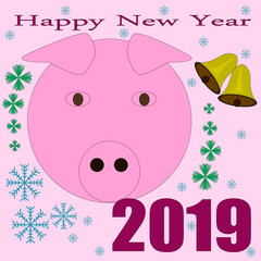 Cute funny pig. Happy New Year. Excellent festive gift card. Vector illustration on red background.