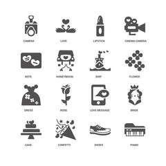 Piano, Flower, Ship, Cake, Bride, Camera, Note, Dress, Shoes, Co