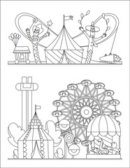 Amusement park, urban landscape with carousels, roller coaster and air balloon coloring book page. Circus, Fun fair and Carnival theme vector illustration.