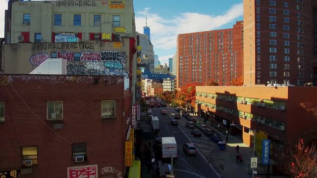 NEW YORK CITY, USA - OCT 30, 2018: Manhattan downtown Chinatown timelapse viewed from above with historical buildings