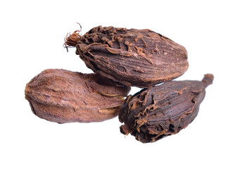 Black cardamom, also known as hill cardamom, Bengal cardamom, greater cardamom, Indian cardamom, Nepal cardamom, winged cardamom, or brown cardamom or cardamon or cardamum. Isolated