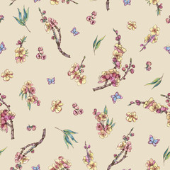 Watercolor spring seamless patten, vintage floral bouquet with blooming branches of cherry
