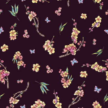 Watercolor spring seamless patten, vintage floral bouquet with blooming branches of cherry © Belus