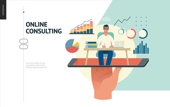 Business series, color 1 - expert online consulting -modern flat vector illustration concept of consultant online from smartphone. Consulting interaction process. Creative landing page design template