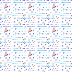 Fototapeta na wymiar seamless watercolor pattern for winter holidays decor with lines, waves, snowflakes, and sprigs of rowan in the snow
