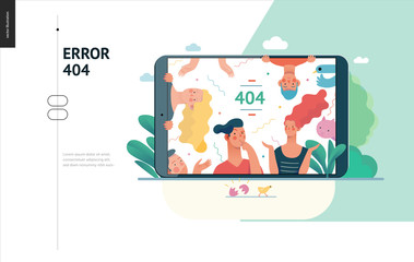 Business series, color 1- error 404 -modern flat vector concept illustration of page Error 404 - puzzled people on the tablet screen. Page not found metaphor Creative landing page design template