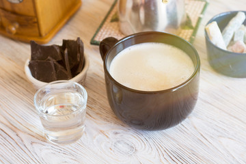 fresh breakfast with hot coffee in morning sunlight