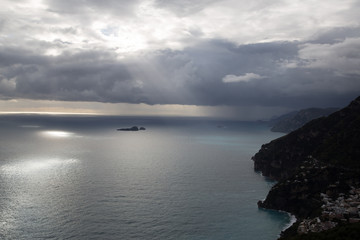 Dusk and Sunset over the Amalfi Coast near the village of Positano, Italy