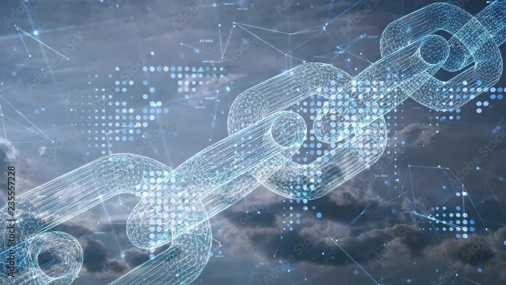 Poster business cyberspace with world map and chain motion on time lapse clouds background.