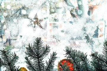 Winter pattern of snowflakes on the window. Closeup. Copy space.
