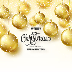 Christmas Background With Tree Balls And Snow. Golden Ball. New Year. Winter holidays. Season Sale Decoration. Gold Xmas Gift.